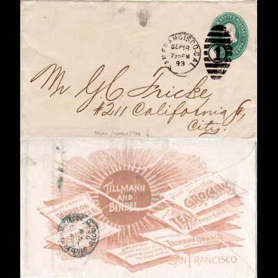 USA 1893, Tabak, Kaffee, Tee etc., rücks. Zudruck auf 1 C. Ganzsache Brief 