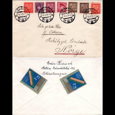 Tschechoslowakei 1938, 7 Marken auf Brief v. BELCICE n. Fiskabygd, Norwegen