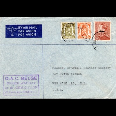 Belgien 1946, 10 Fr.+5+10 C. auf Luftpost Brief v. Brüssel n. USA