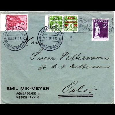 Dänemark 1939, 4 Marken auf Brief m. Stpl. Intern. Hadelskammers Kongress