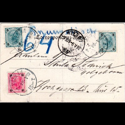 Österreich 1902, 5+5+10 H. auf Rohrpost Karte v. Wien.