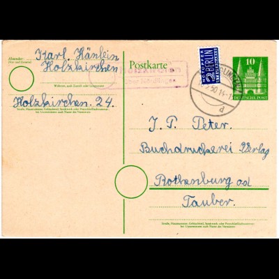 BRD 1950, Landpost Stpl. 13b HOLZKIRCHEN über Nördlingen auf 10 Pf. Ganzsache