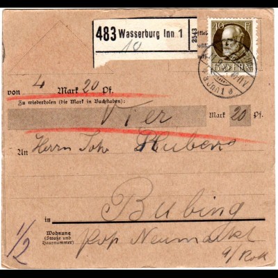 Bayern 1917, EF 40 Pf. auf Nachnahme Paketkarte v. WASSERBURG