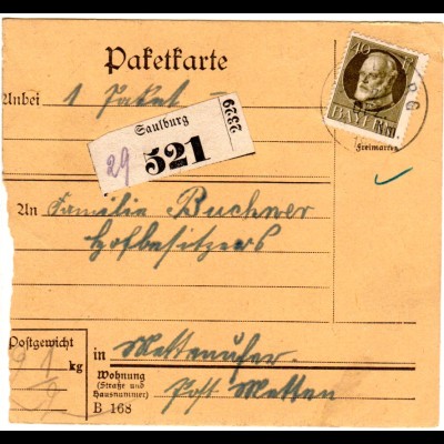 Bayern 1918, EF 40 Pf. auf Paketkarte v. SAULBURG