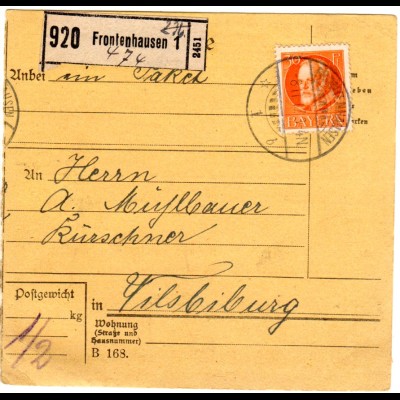 Bayern 1917, EF 30 Pf. auf Paketkarte v. FRONTENHAUSEN n. Vilsbiburg
