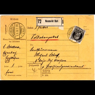 Bayern 1917, EF 25 Pf. auf Paketkarte v. NEUMARKT ROTT