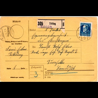 Bayern 1918, 20 Pf. auf Soldaten Paketkarte v. TITTLING