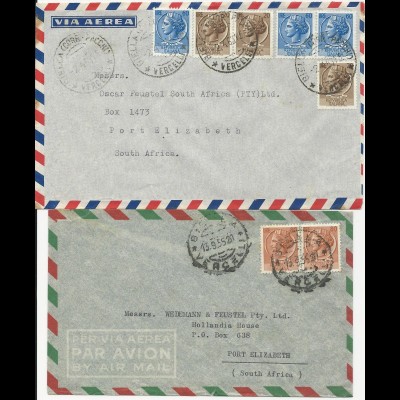 Italien, 2 Luftpost Brief v. Biella n. Süd Afrika. Verschied. Frankaturen. #2711