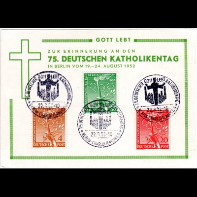 Berlin 1952, 75. dt. Katholikentag, Ereigniskarte m. 3 Marken u. Sonderstempel