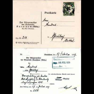 DR 1939, 6 Pf. WHW auf Gemeinde Karte v. Karpfham m. Bürgermeister Unterschrift