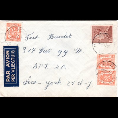 Belgien 1947, 10 F.+3x5 C. auf Luftpost Brief v. Mons n. USA