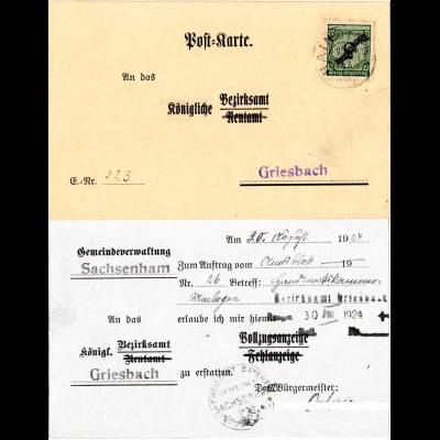 DR 1924, 5 Pf. auf Gemeinde Karte v. SACHSENHAM m. Bürgermeister Unterschrift