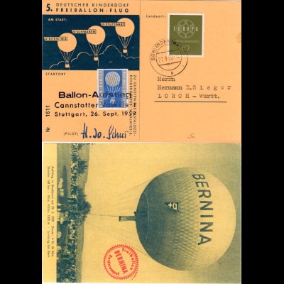 BRD 1959, 5. Dt. Kinderdorf Ballonpost Stuttgart-Böblingen m. Vignette