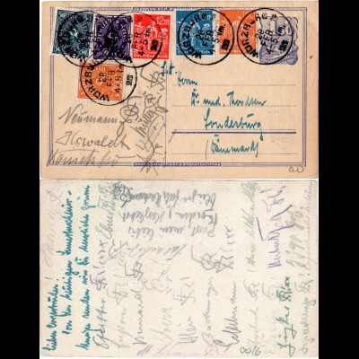 DR 1923, 6 Werte portorichtige Zusatzfr Studentica Karte v. Würzburg n. Dänemark