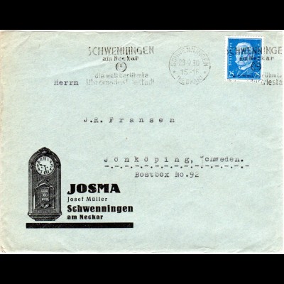 DR 1930, EF 25 Pf. auf Brief m. Uhrenstadt Stpl. v. Schwenningen n. Schweden