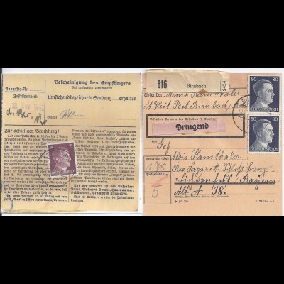 DR 1942, Postelberg Tschechien, Paketkarte m. Dringend -Beförderung. #2216