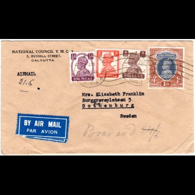 Indien, 4 Marken auf Luftpost Brief v. Calcutta n.Schweden
