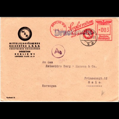 DR 1943, 3 Pf. MER Sorglosreisen Freistempel auf Brief v. Berlin n. Norwegen