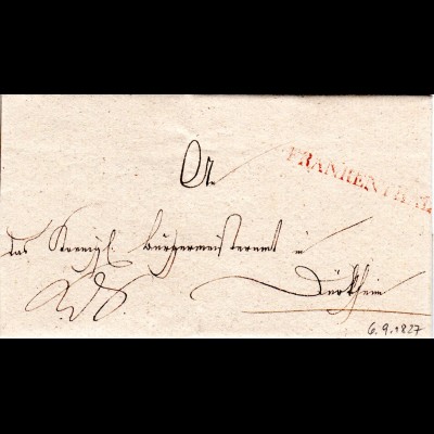 Bayern 1827, gr. L1 Frankenthal in rot auf Brief n. Dürckheim