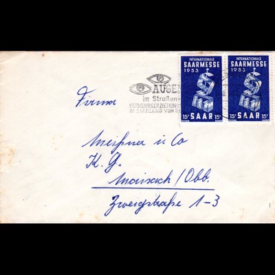Saar 1953, MeF Paar 15 F. Saarmesse auf portorichtigem Brief v. Saarbrücken