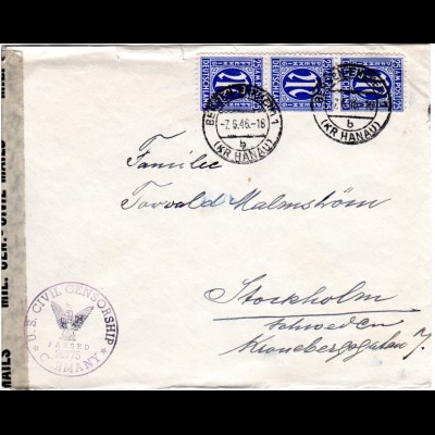 1946, MeF 3er-Streifen 25 Pf. auf Zensur Brief v. Bergen-Enkheim n.Schweden