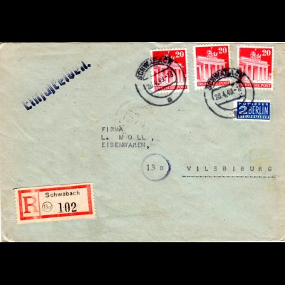 1949, MeF 3er-Streifen 20 Pf. auf Einschreiben Brief v. 13a SCHWABACH