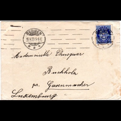 Norwegen 1923, 40 öre auf Brief v. Bergen n. Luxemburg. Destination!