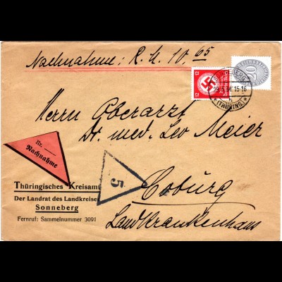 DR 1934, 12+20 Pf. Dienst Mischfrankatur auf Nachnahme Brief v. Sonneberg