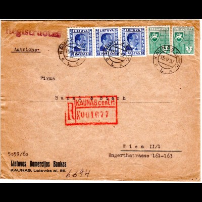 Litauen 1937, 5 Marken auf Brief m. Reko-Stpl. KAUNAS centr. nach Österreich