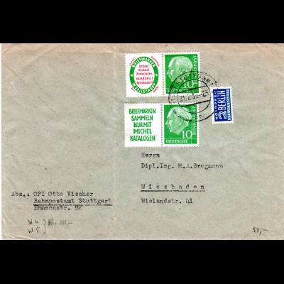 BRD 1955, 2 Zusammendruck Marken aus Heftchen-Blättern auf Brioef v. Stuttgart