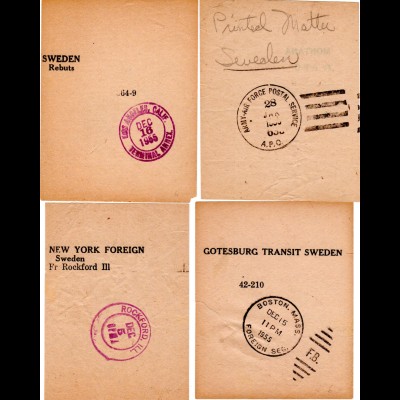 USA 1955, 4 Luftpost Vorbinde Leitzettel f. Briefe nach Schweden