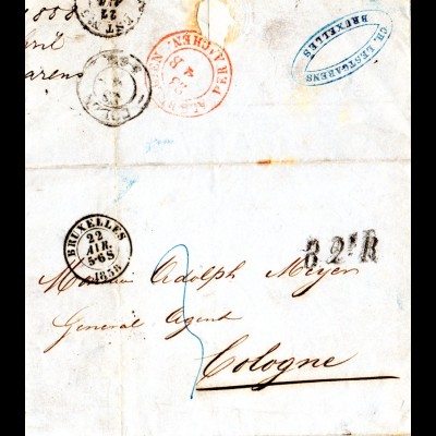 Belgien 1858, Brief v. Bruxelles n. Preussen m. Transit-L1 B.2eR
