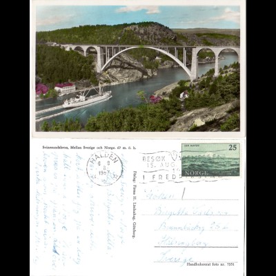 Norwegen 1957, Svinesund Brücke, v. Halden gebr. Farb-AK