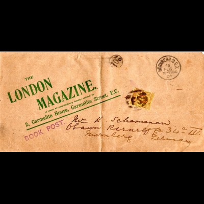 GB 1907, 3d on BOOK POST wrapper (heavy weight) to Bavaria. The London Magazine 