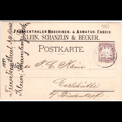 Bayern 1883, 5 Pf. auf Firmenkarte v. Frankenthal n. Carlshütte