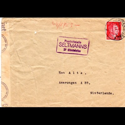 DR 1942, Posthilfstelle SELTMANNS Sibratshofen auf Zensur Brief v. Kempten n. NL