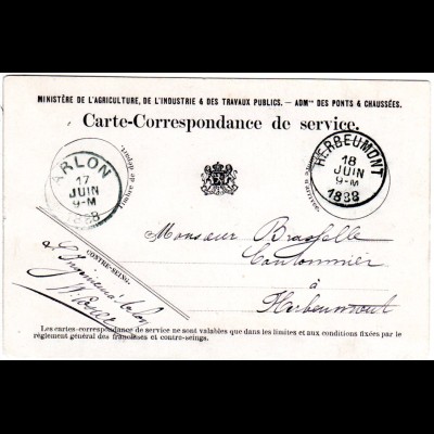 Belgien 1888, offizielle Dienst Postkarte v. Arlon n. Herbeumont. Portofreiheit!