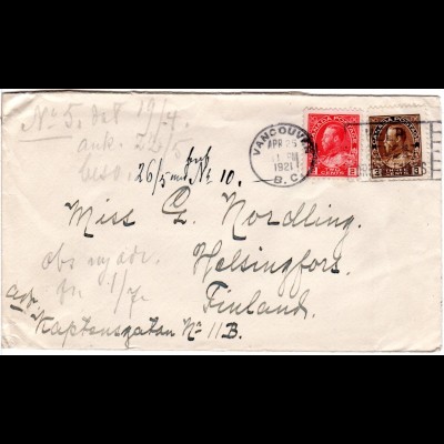Kanada 1921, 2+3 C. auf Brief v. Vancouver n. Finnland. Destination!