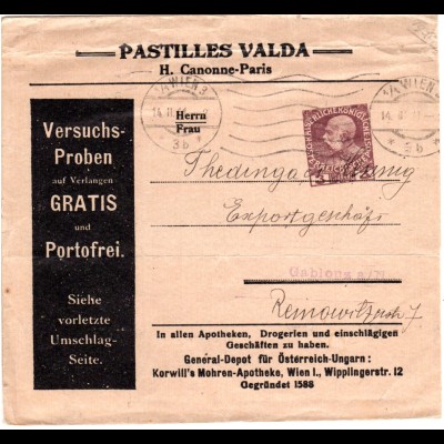 Österreich 1911, ab Wien gebr. 3 H. Privatganzsache Streifband Pastilles Valda 