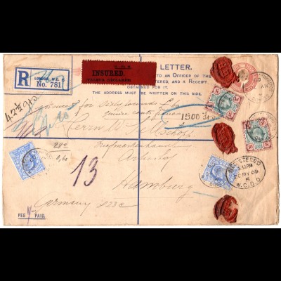 GB 1909, großform. Reko Ganzsachen Umschlag m. Zustzfr als Wert Brief n. Hamburg