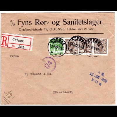 Dänemark 1922, 4 Marken auf Einschreiben Zensur Brief v. Odense n. Deutschland