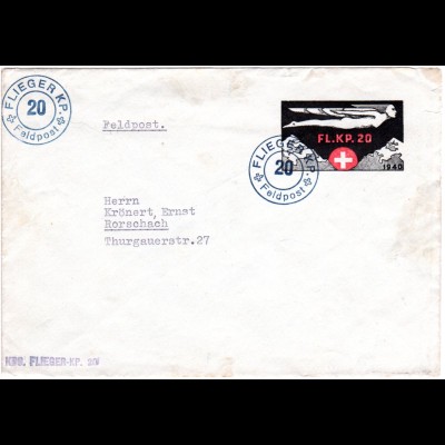 Schweiz 1940, gebr. Flieger Kp. 20 Feldpost Ganzsache Umschlag n. Rorschach