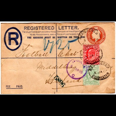 GB 1906, 1/2+1d Zusatzfr. auf Reko Ganzsachenumschlag v. Colchester i.d. NL