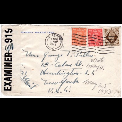 GB 1943, 1+2d+1 Sh.auf Luftpost Zensur Brief v. Glasgow n. USA