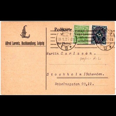 DR 1923, 40+50 Pf. m. perfin Firmenlochung auf Karte v. Leipzig