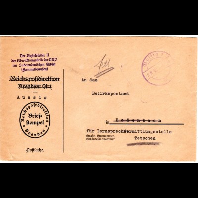 DR Sudetenland 1938, blauer Stpl. AUSSIG 1 auf portofreiem Postsache Brief