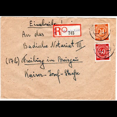 1947, 24+60 Pf. auf Brief v. Hameln Land m. eingestempeltem Reko-Zettel