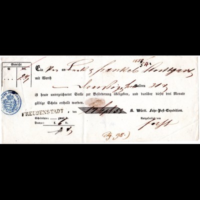 Württemberg 1853, L1 FREUDENSTADT klar auf Postschein f. eine Wertsendung