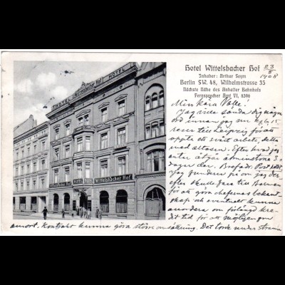 Berlin, Hotel Wittelsbacherhof m. Personen, 1908 gebr. sw-AK