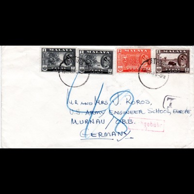 Malaya 1958, 4 Marken auf Brief m. "T" + "Nachgebühr" Stpl. u. Deutschland Porto